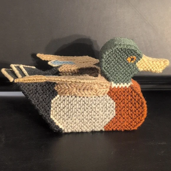 Vintage Needlepoint Mallard Duck Container Plastic Canvas - Picture 3 of 6
